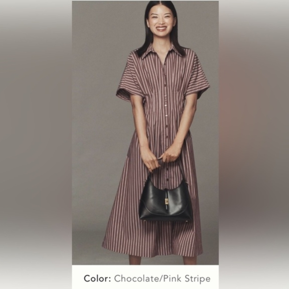Striped Chocolate & Pink Midi Shirt Dress